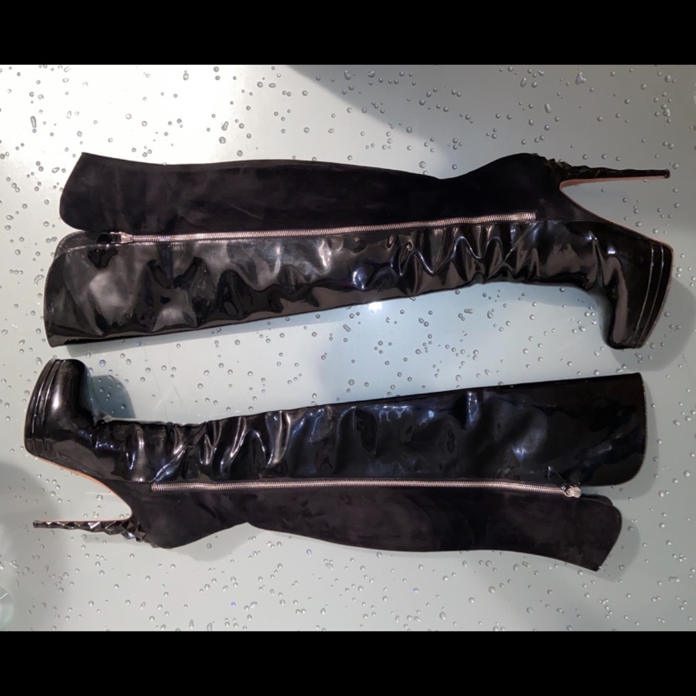 Casadei Thigh High Boots Black Patent & Suede 8.5